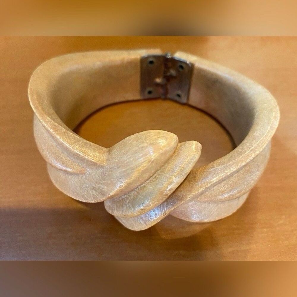 Carved Knot Chunky Clamper Hinged Bangle Bracelet Wood Beige Women’s